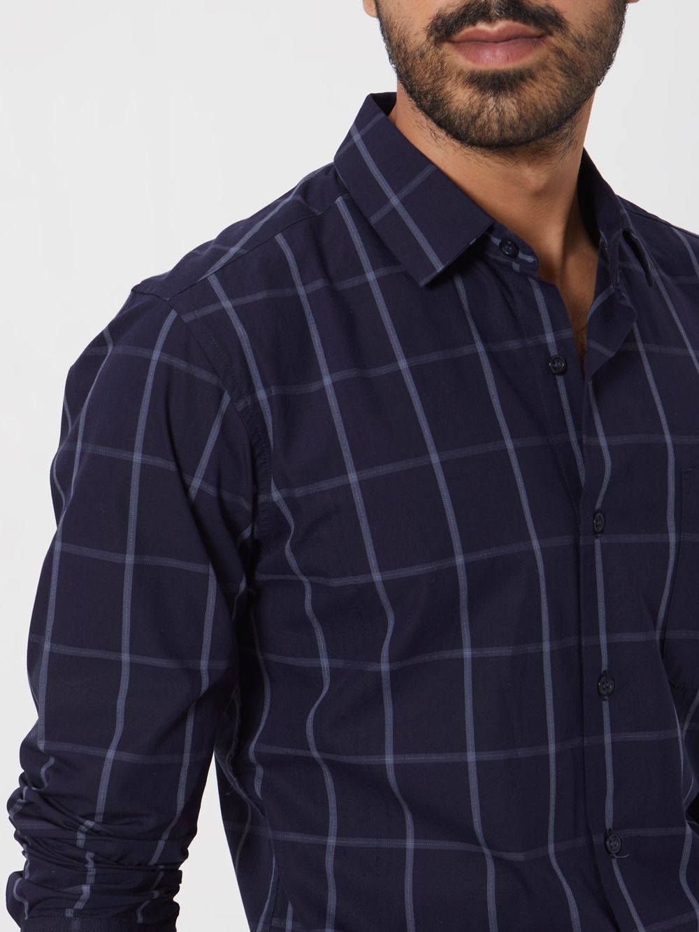 Navy Windowpane Check Slim Fit Casual Shirt