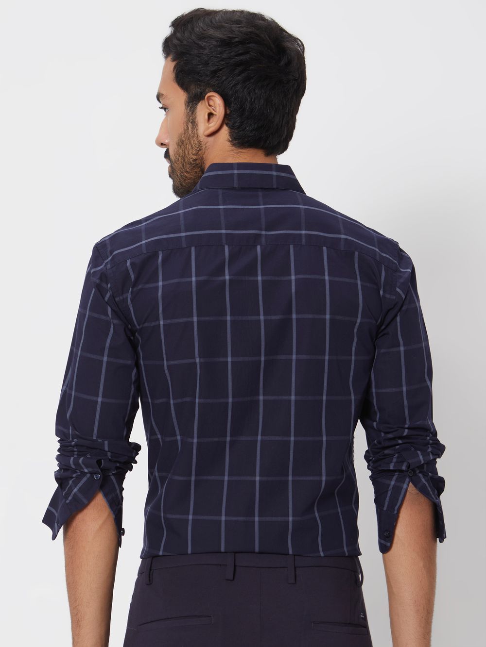 Navy Windowpane Check Slim Fit Casual Shirt