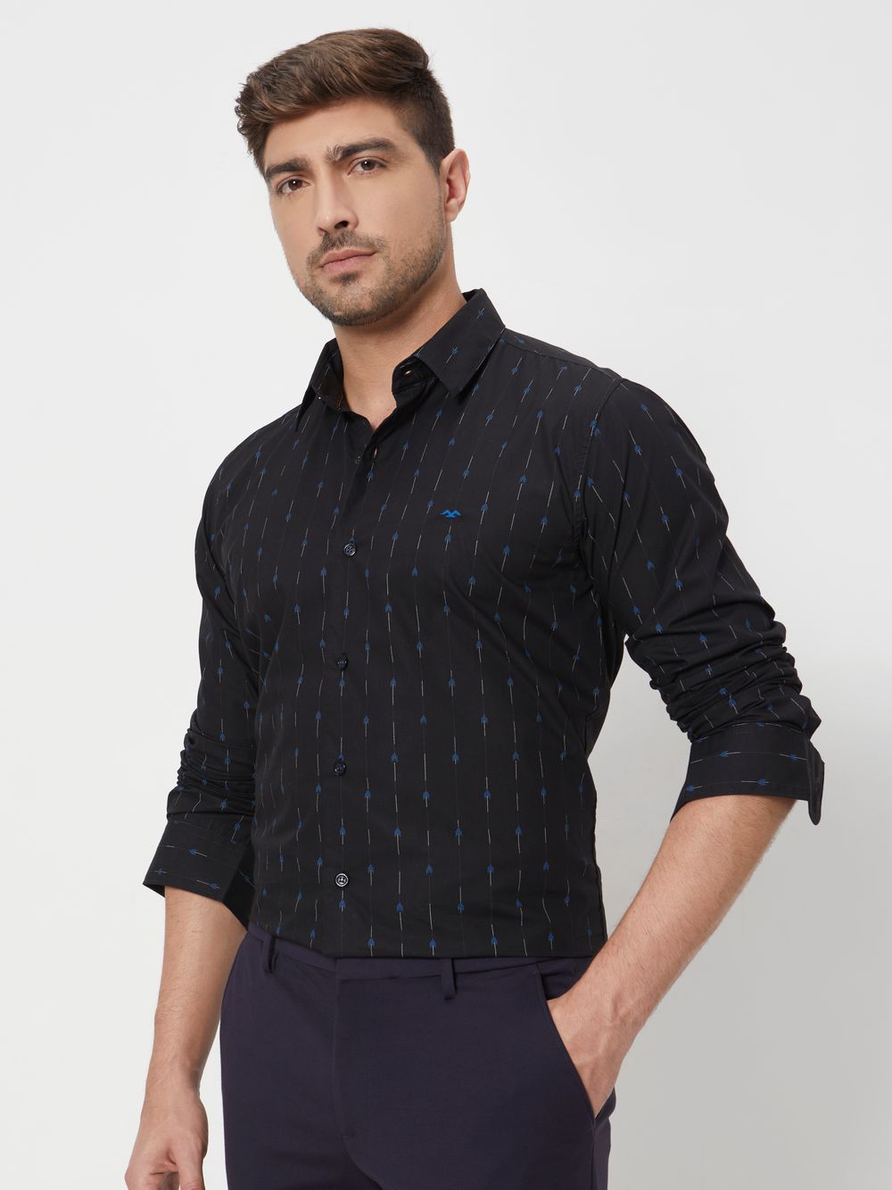 Black Printed Stripe Slim Fit Casual Shirt