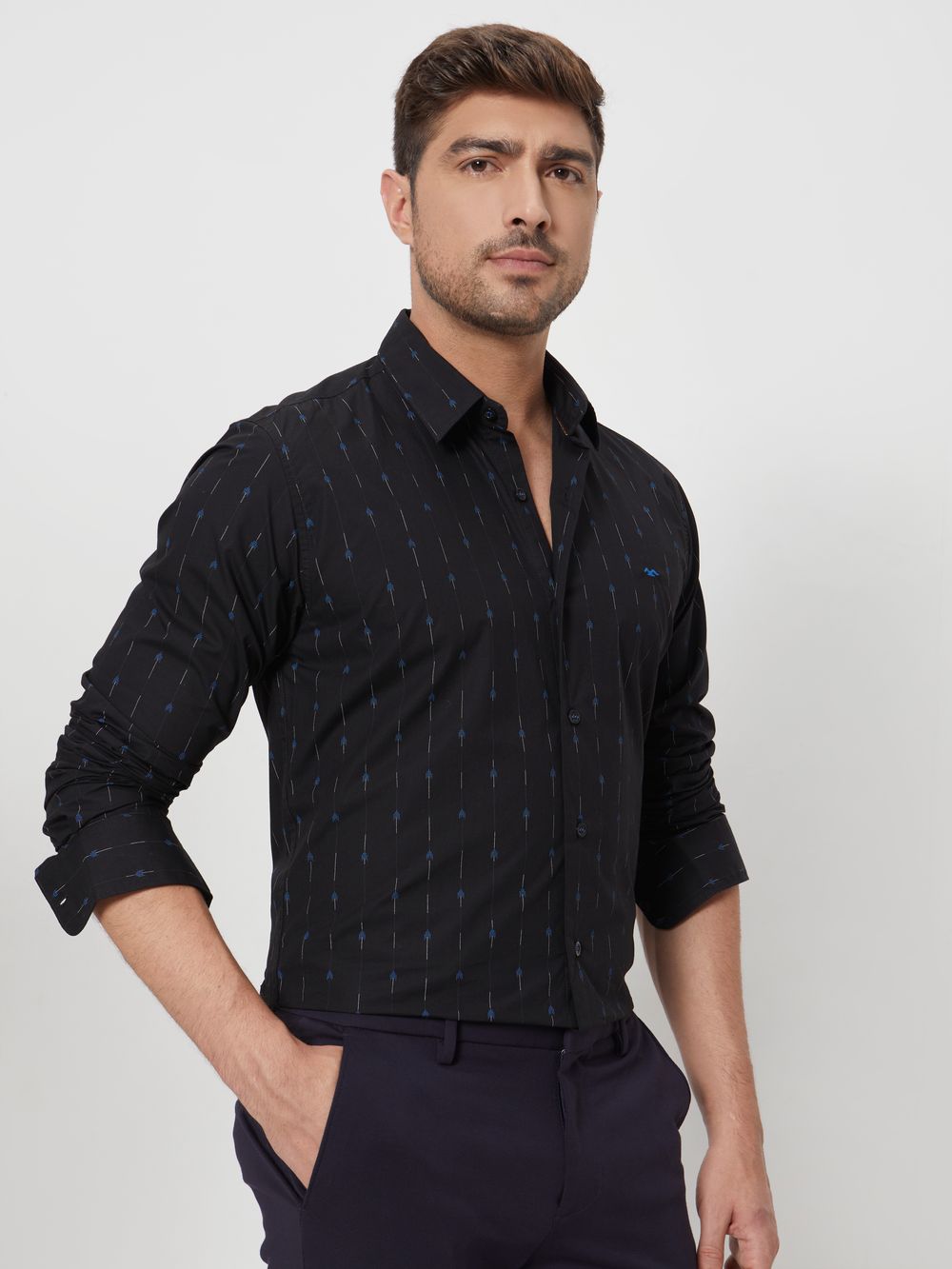 Black Printed Stripe Slim Fit Casual Shirt