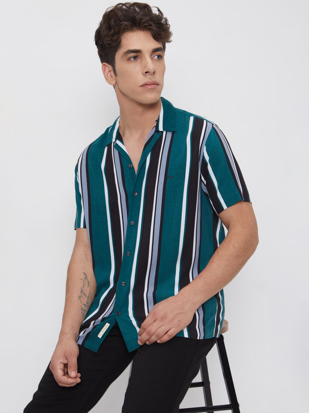 Green Resort Stripe Relaxed Fitcasual Shirt