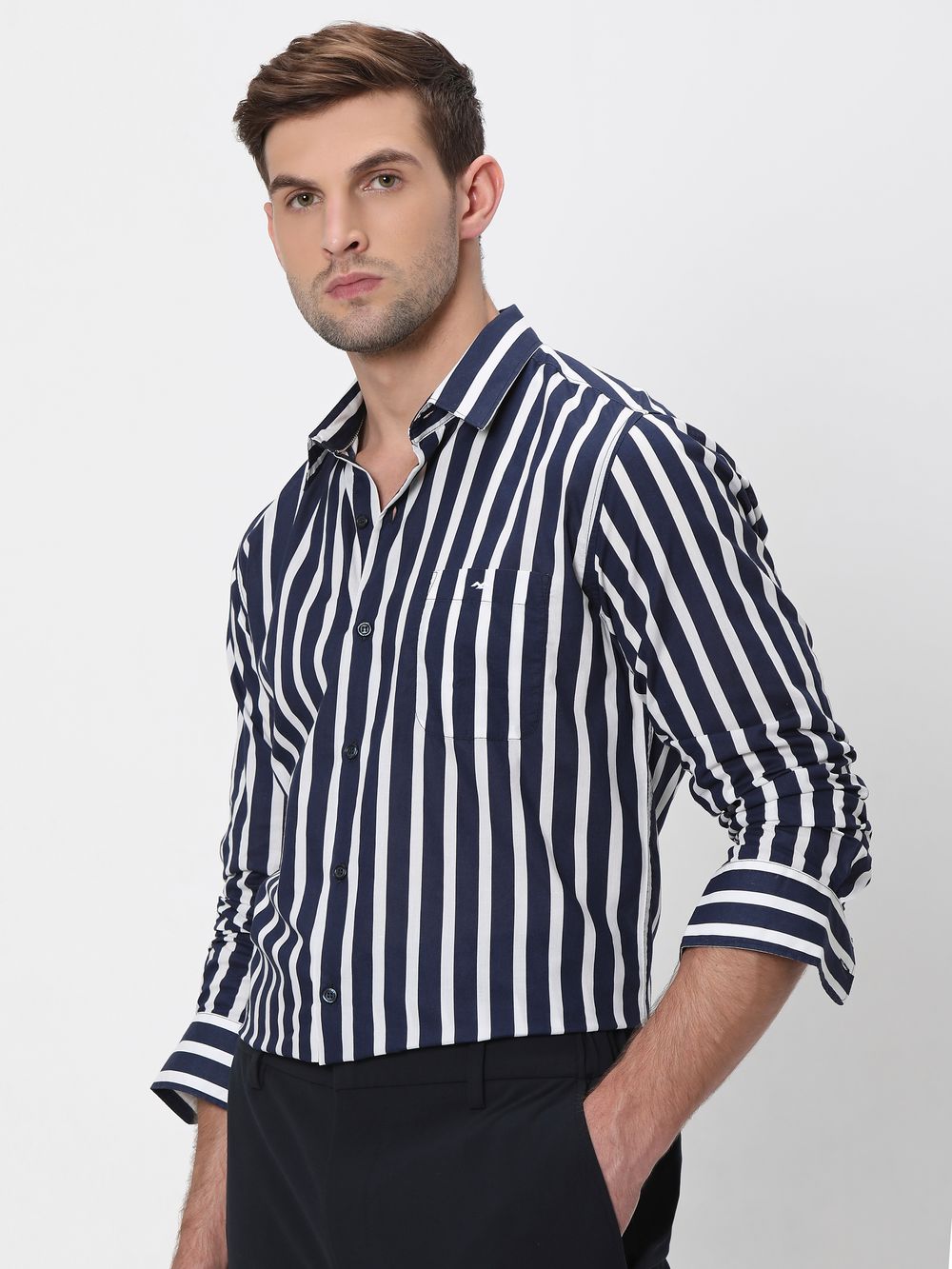 Navy Awning Stripe Slim Fit Casual Shirt