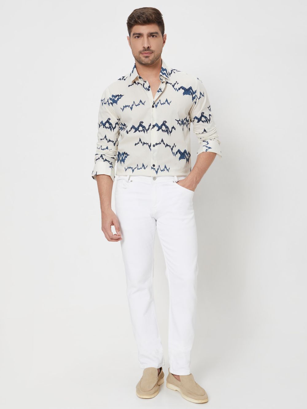 Off White & Navy Abstract Print Slim Fit Casual Shirt