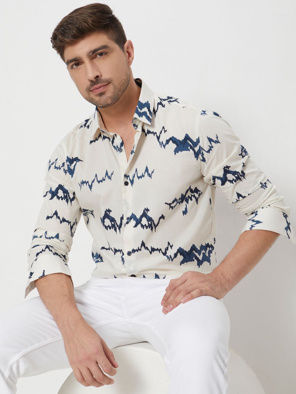 Off White & Navy Abstract Print Slim Fit Casual Shirt