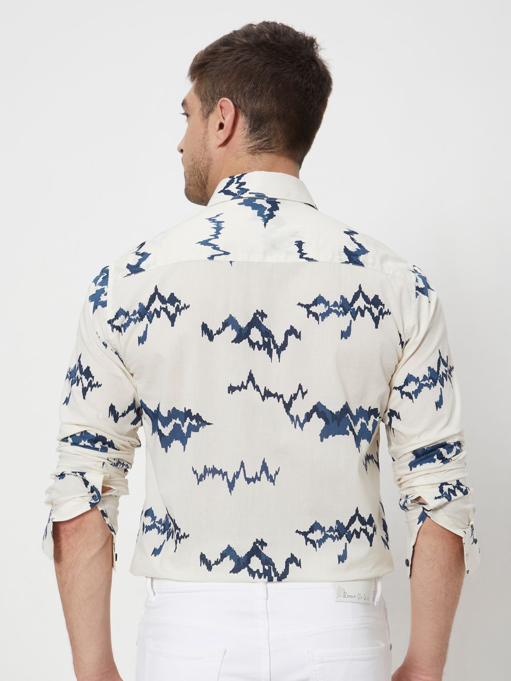 Off White & Navy Abstract Print Slim Fit Casual Shirt