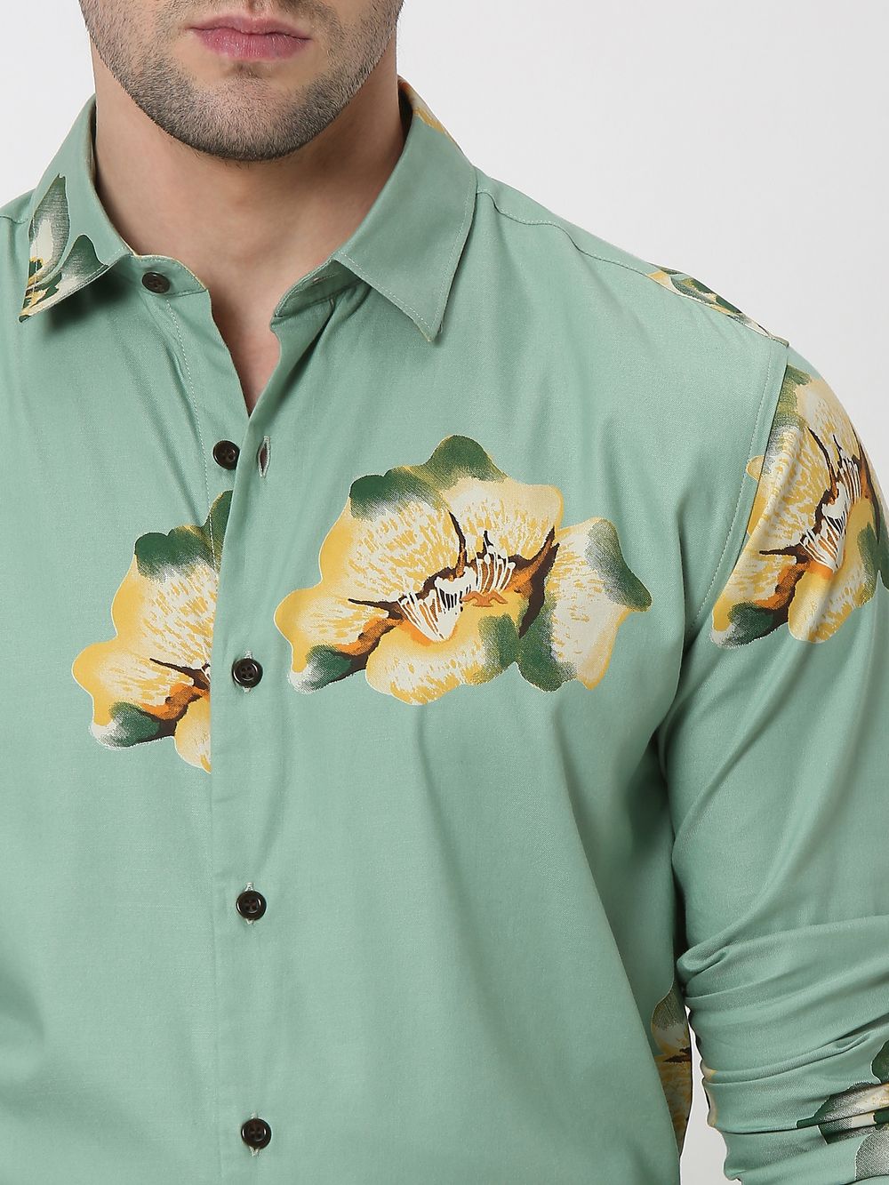 Light Olive & Yellow Floral Print Slim Fit Casual Shirt