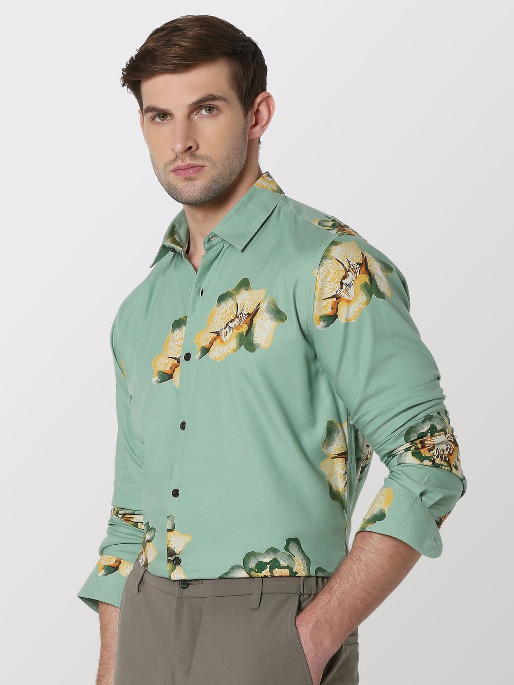 Light Olive & Yellow Floral Print Slim Fit Casual Shirt