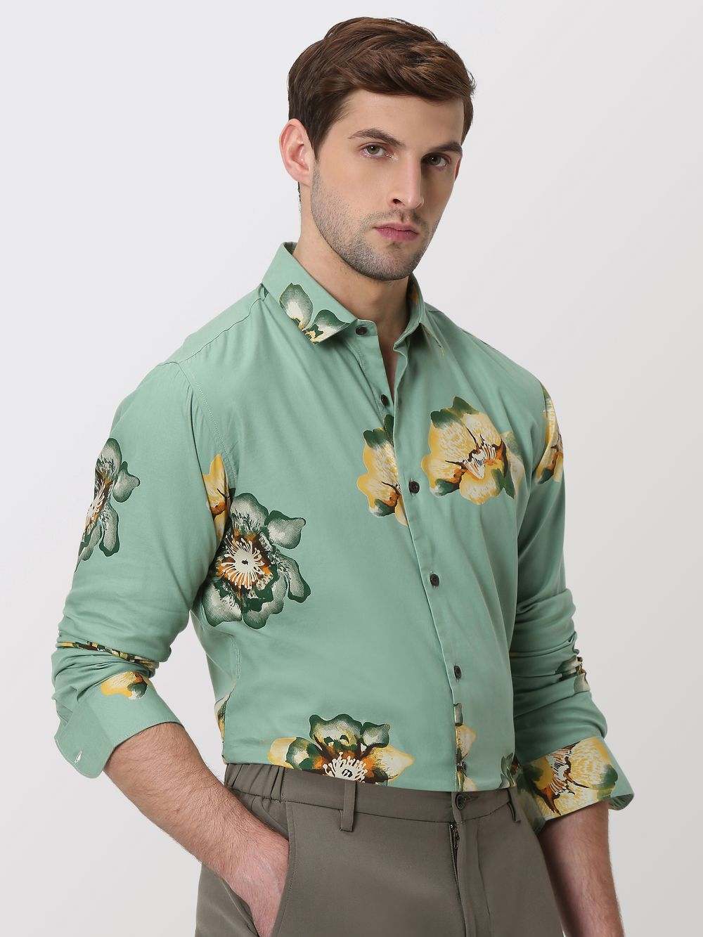 Light Olive & Yellow Floral Print Slim Fit Casual Shirt