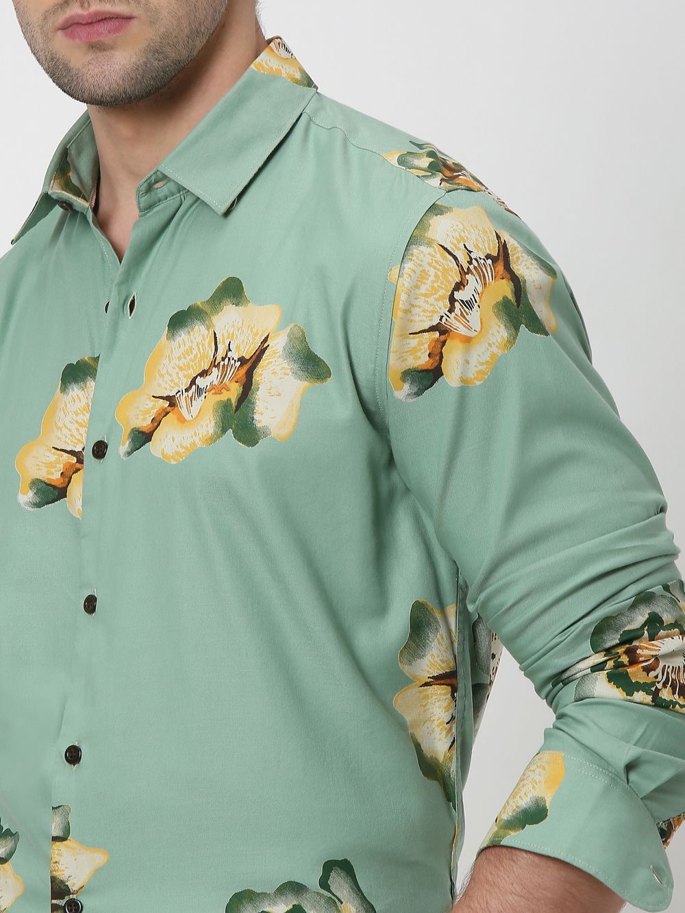 Light Olive & Yellow Floral Print Slim Fit Casual Shirt