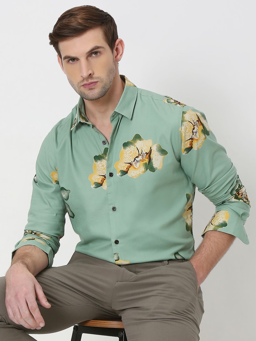 Light Olive & Yellow Floral Print Slim Fit Casual Shirt