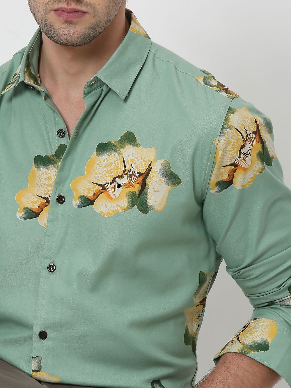 Light Olive & Yellow Floral Print Slim Fit Casual Shirt