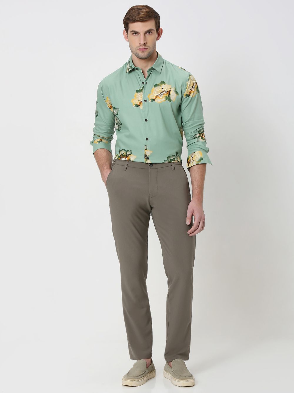 Light Olive & Yellow Floral Print Slim Fit Casual Shirt