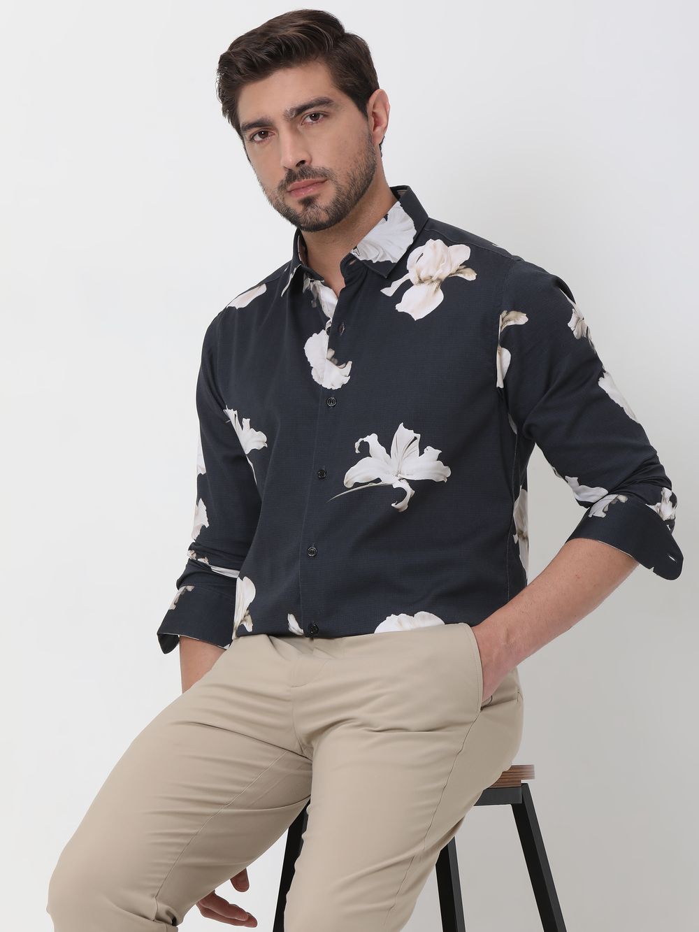 Charcoal Digital Print Slim Fit Casual Shirt