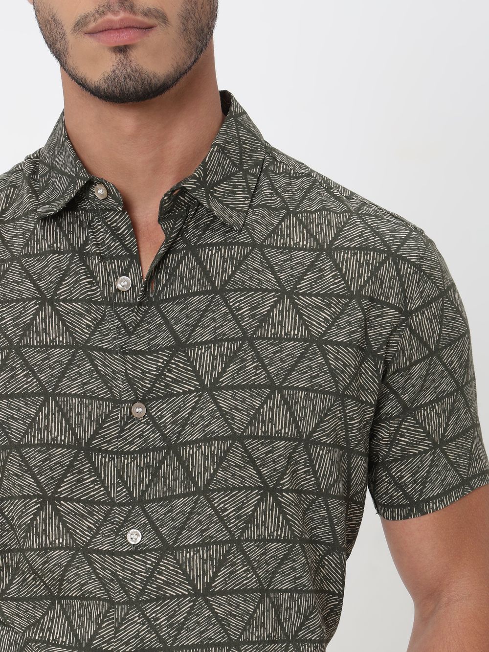 Olive Geometric Print Slim Fit Casual Shirt