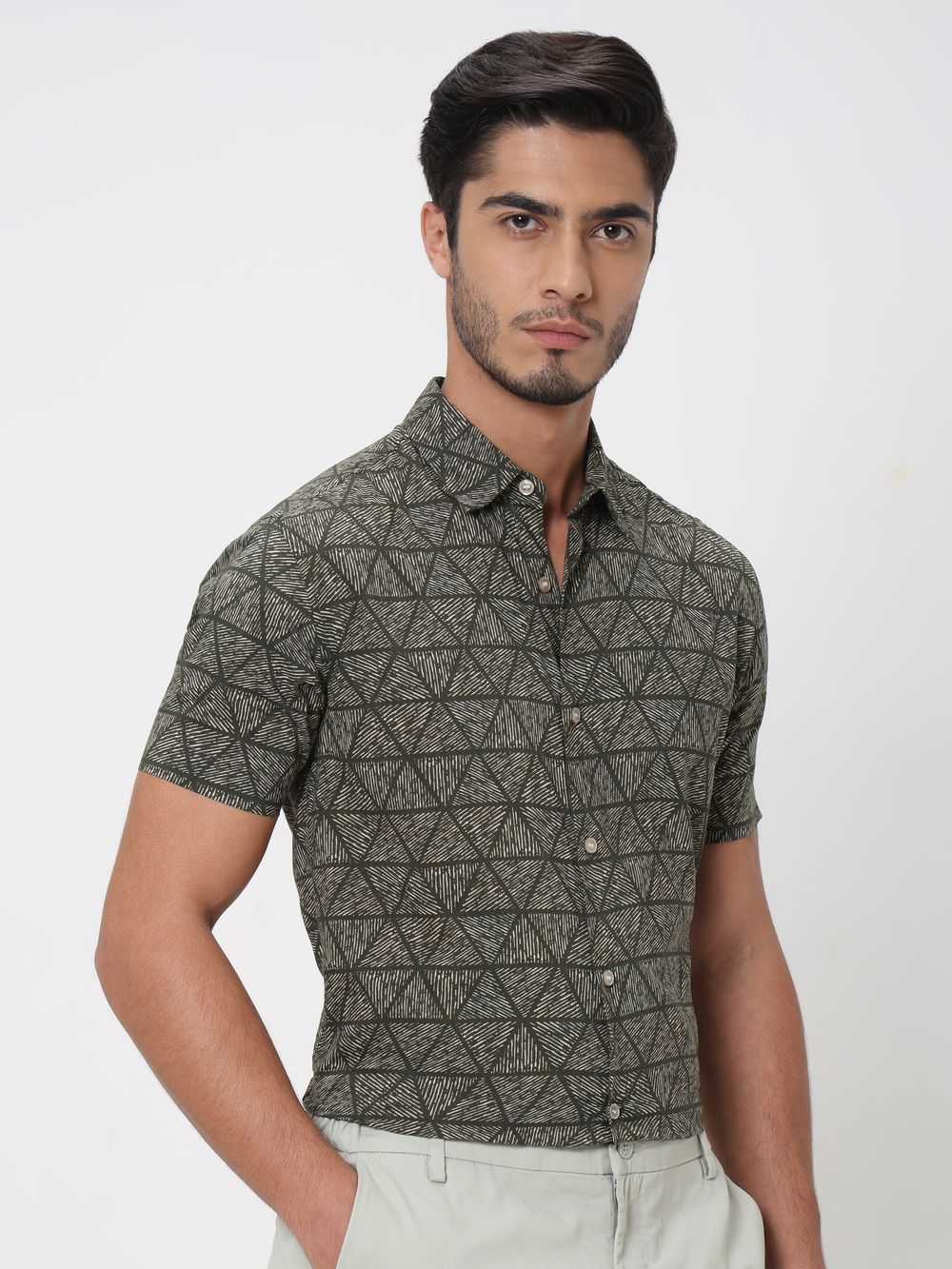 Olive Geometric Print Slim Fit Casual Shirt