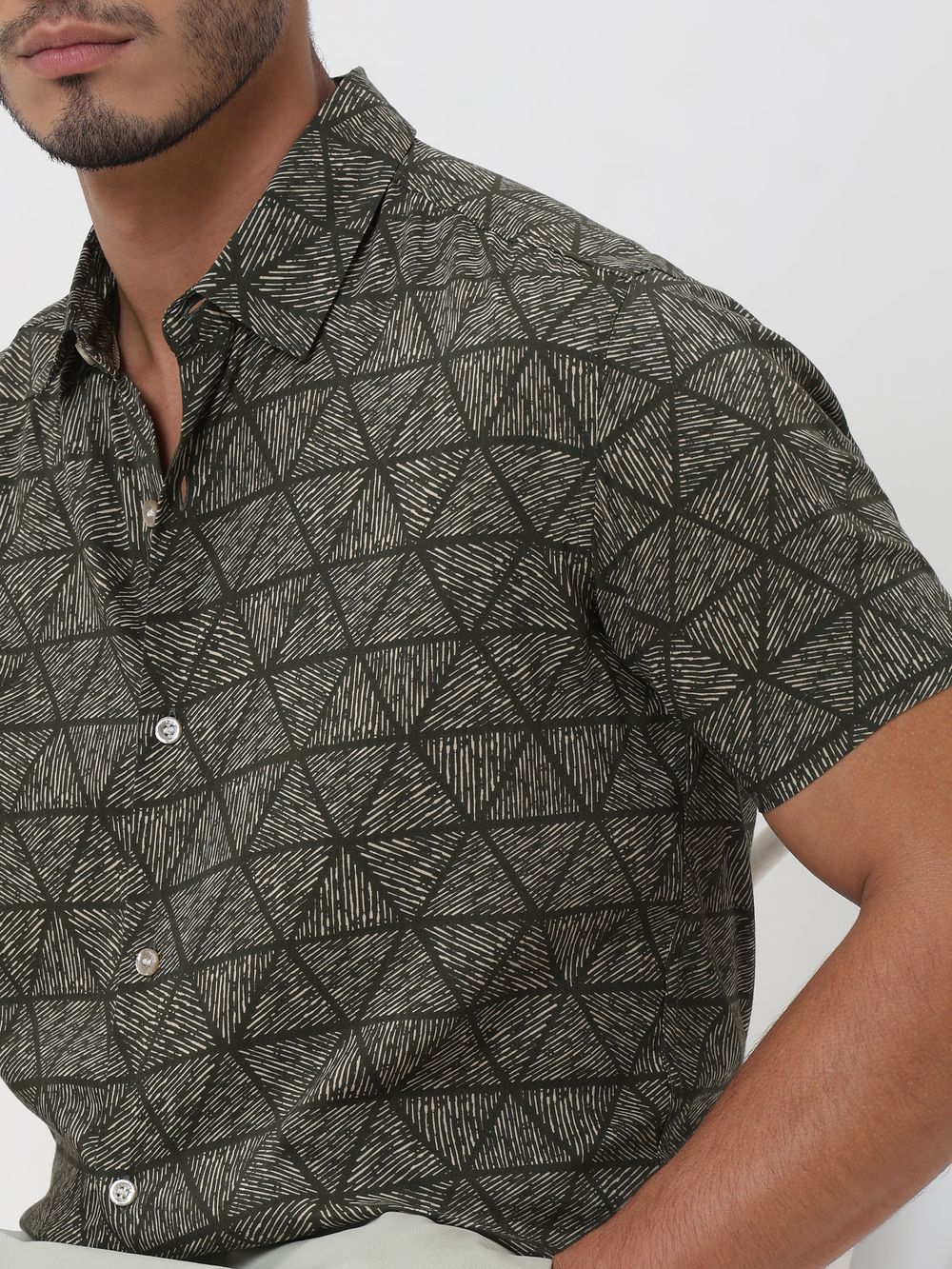 Olive Geometric Print Slim Fit Casual Shirt