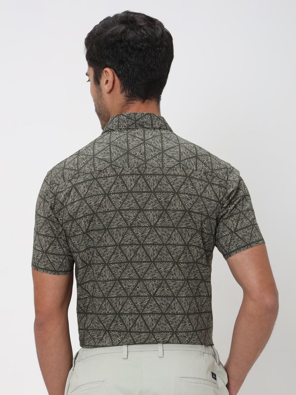 Olive Geometric Print Slim Fit Casual Shirt