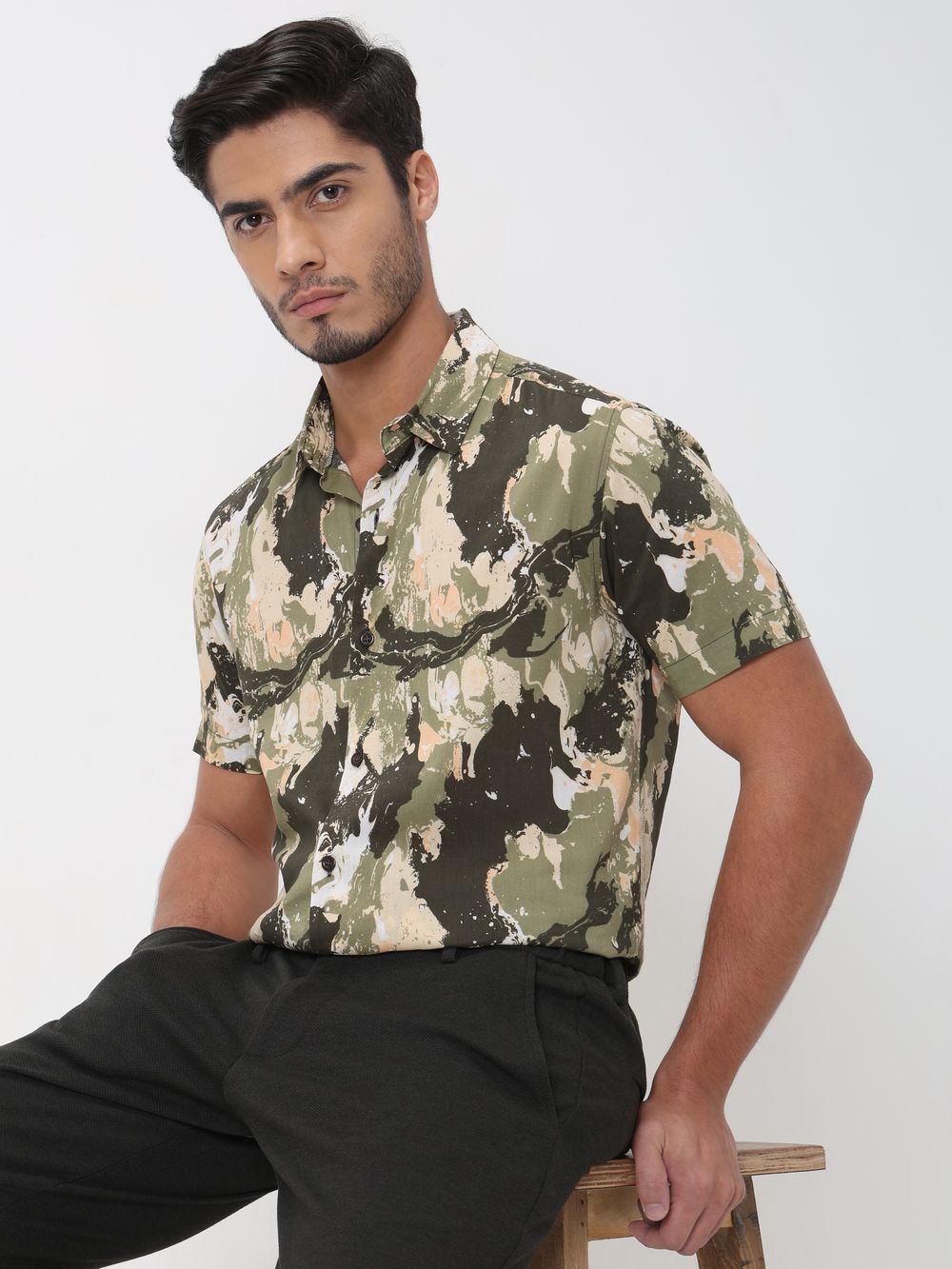 Olive Camo Print Slim Fit Casual Shirt