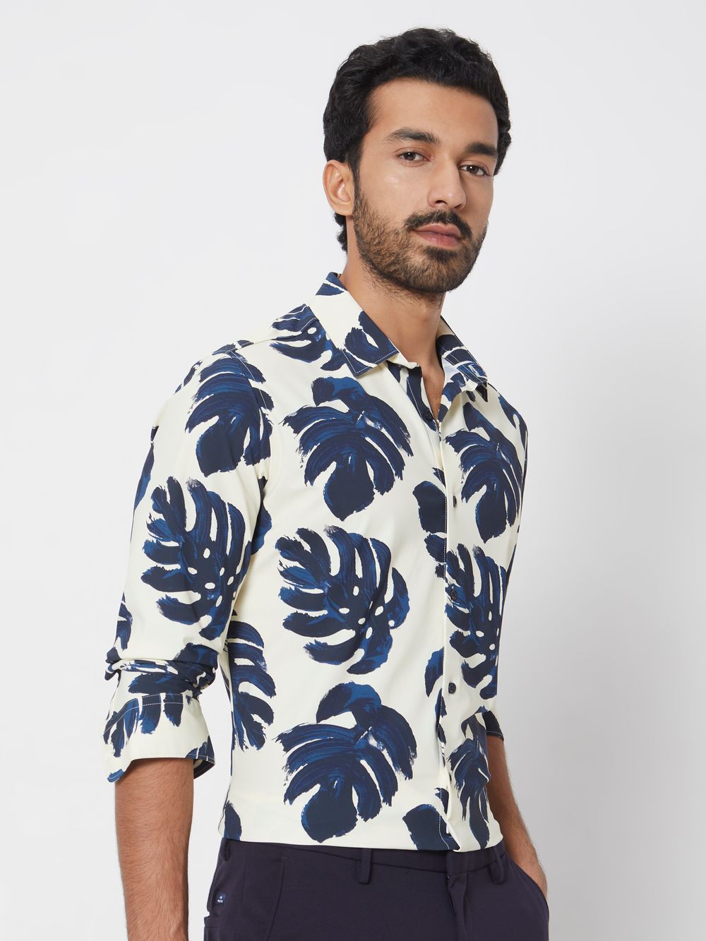 White Leaf Print Slim Fit Casual Shirt