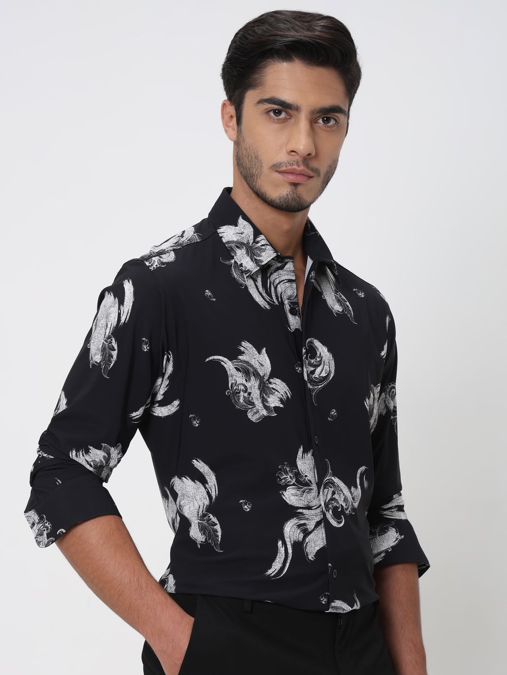 Black Abstract Print Slim Fit Casual Shirt