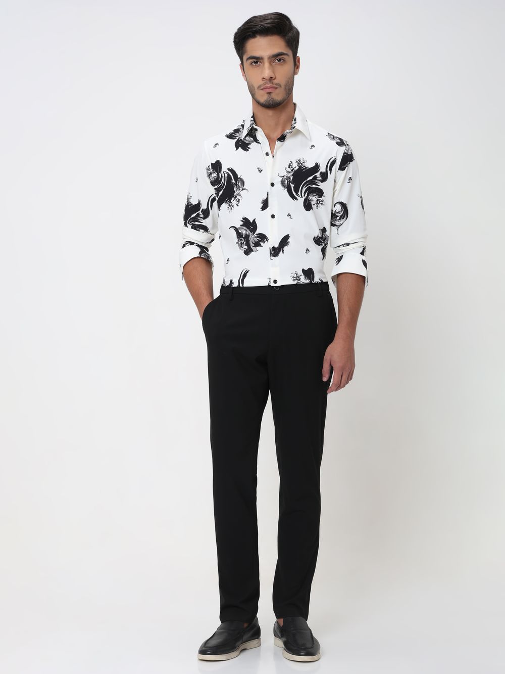 White Abstract Print Slim Fit Casual Shirt