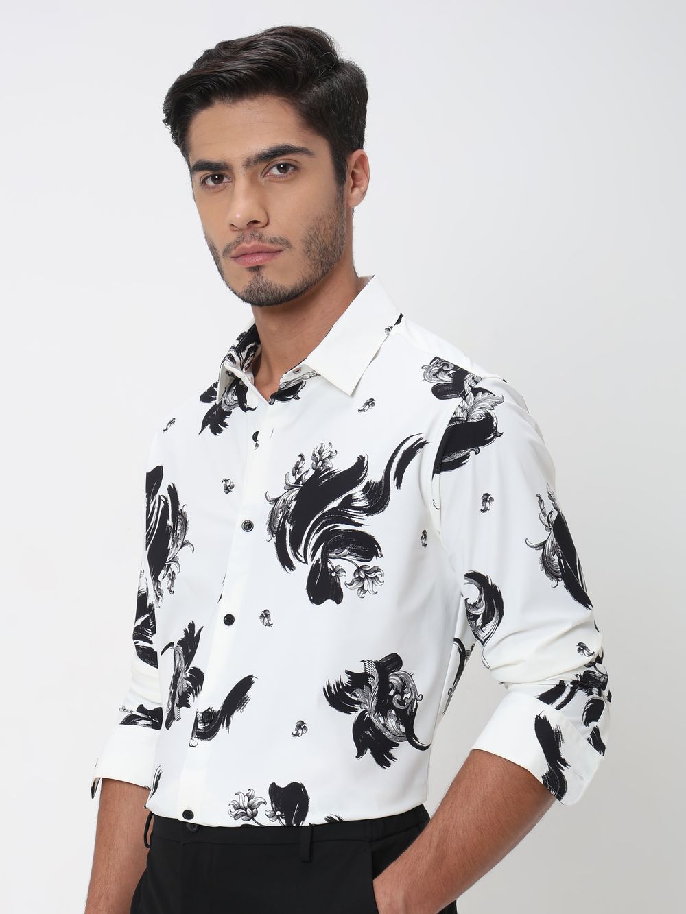 White Abstract Print Slim Fit Casual Shirt