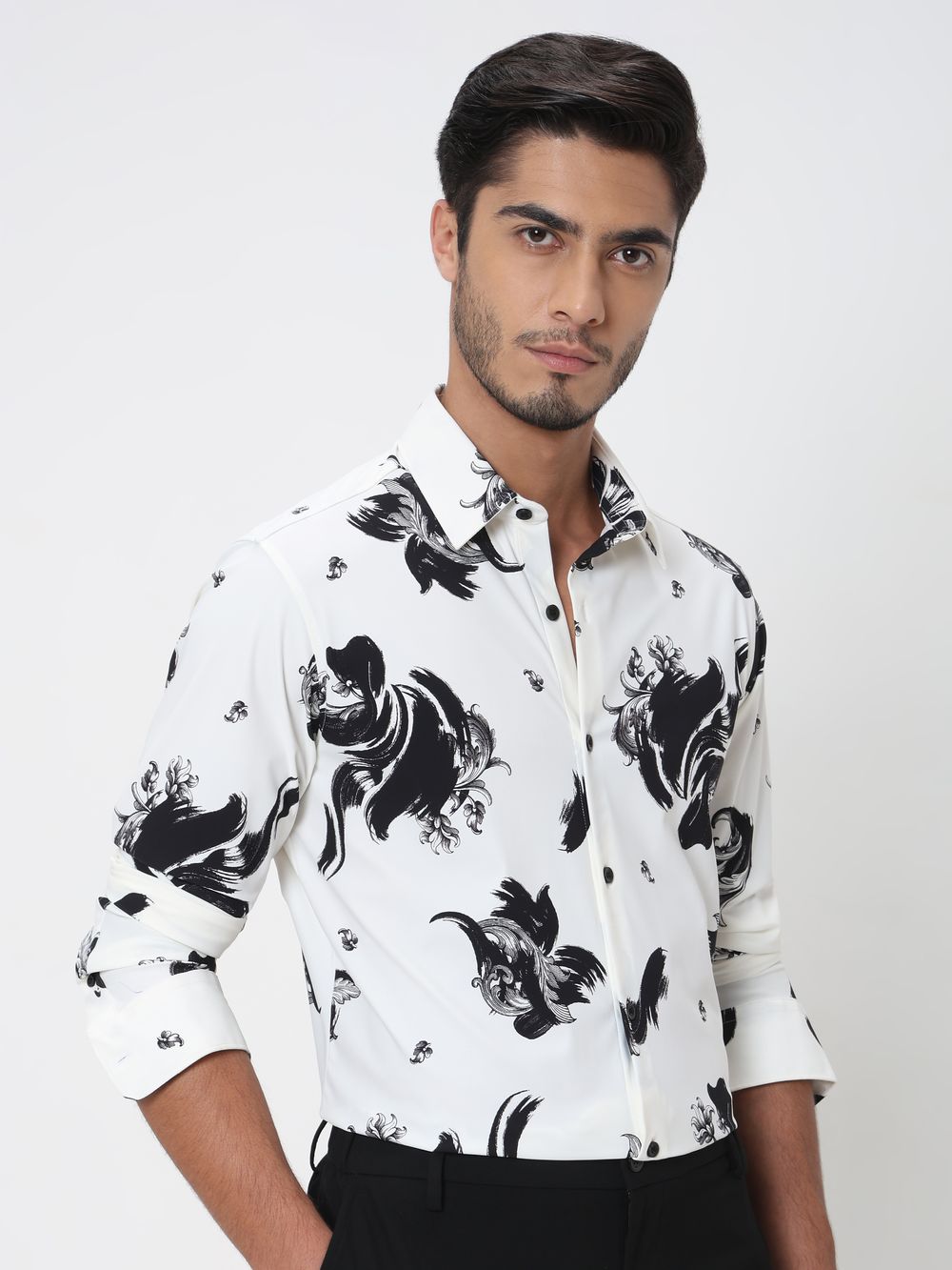 White Abstract Print Slim Fit Casual Shirt