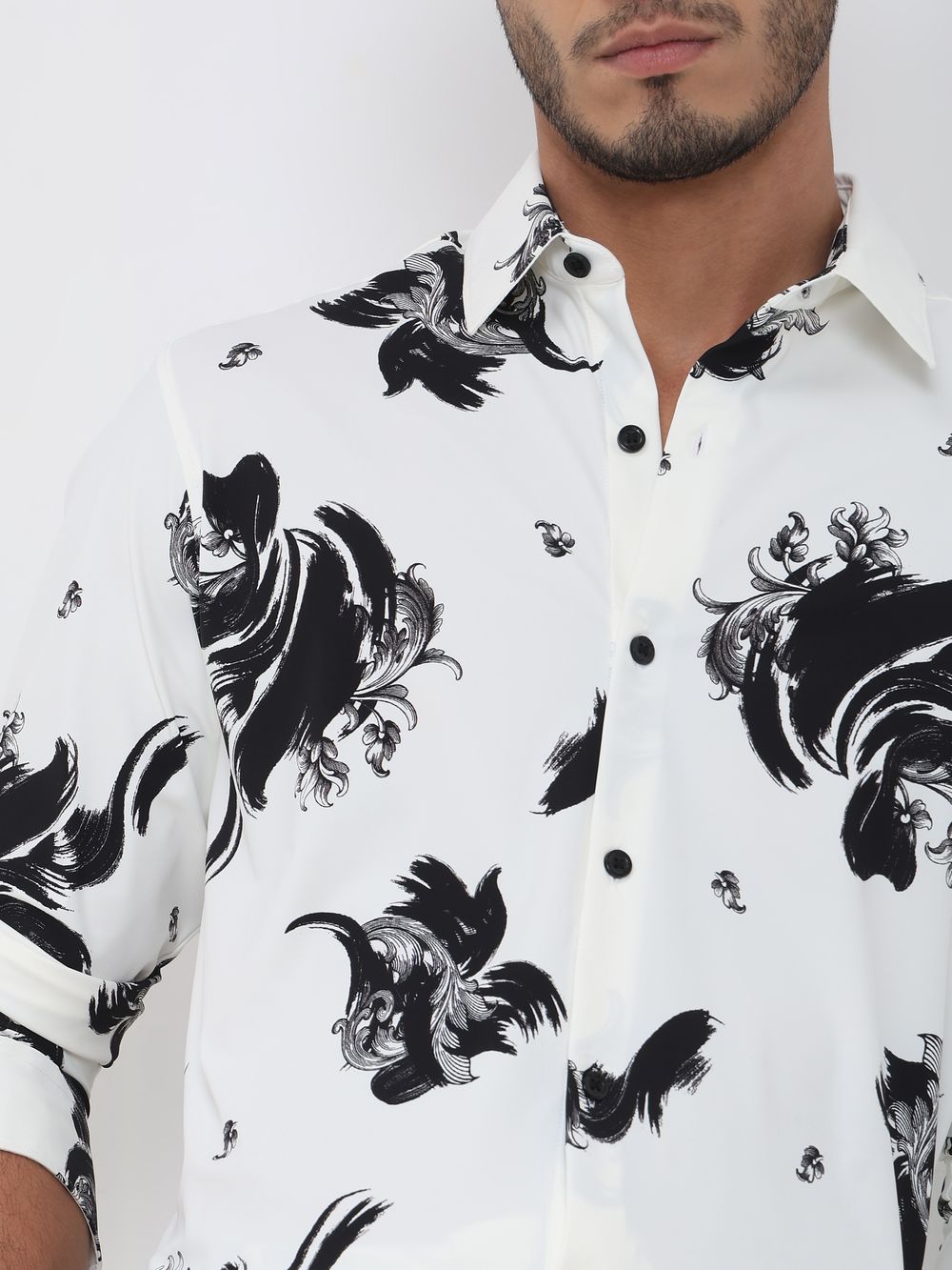 White Abstract Print Slim Fit Casual Shirt