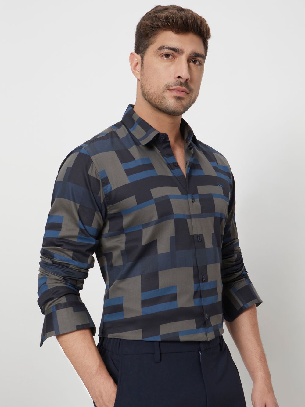 Charcoal Abstract Print Slim Fit Casual Shirt