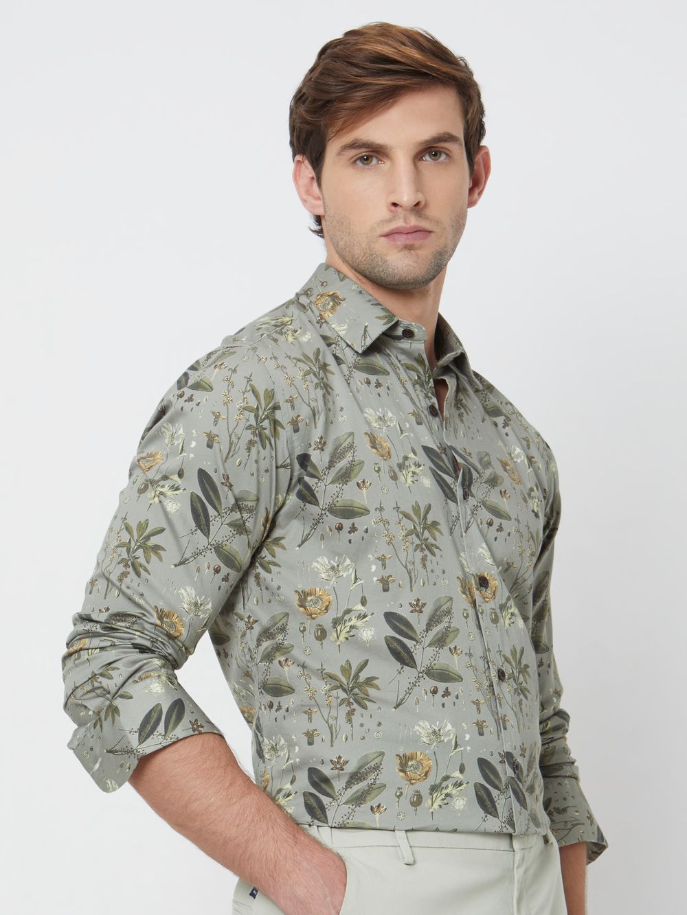 Olive Floral Print Slim Fit Casual Shirt