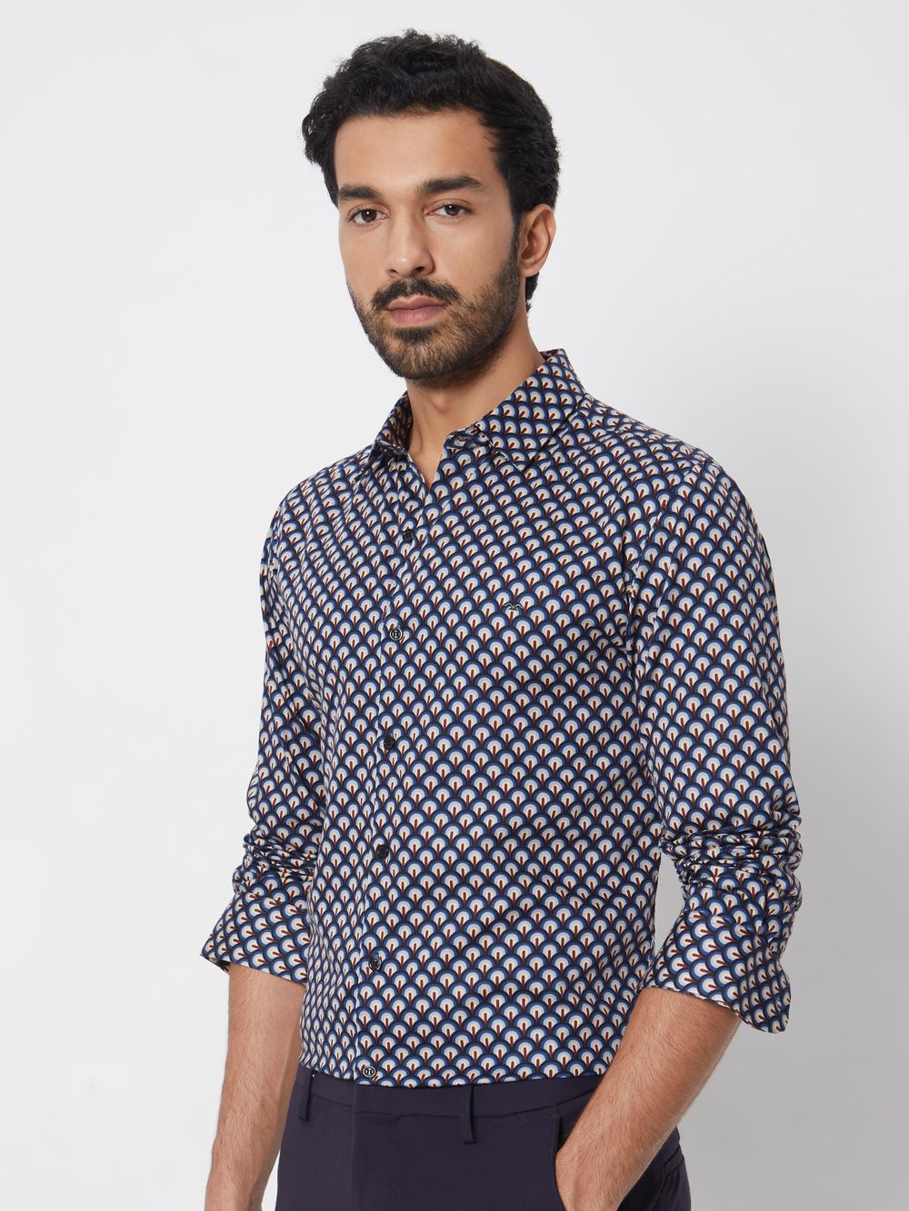 Navy Geometric Print Slim Fit Casual Shirt