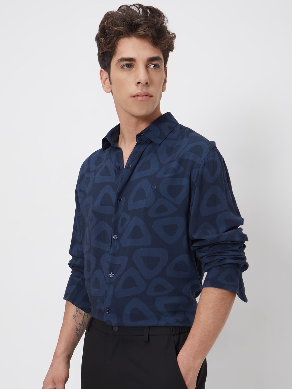 Navy Abstract Print Slim Fit Casual Shirt