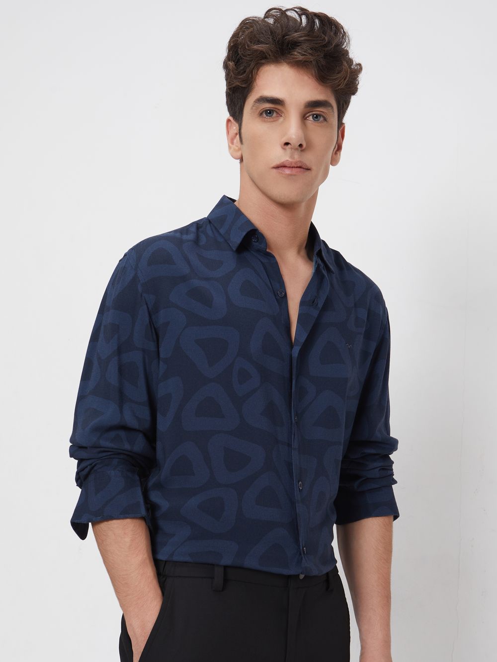 Navy Abstract Print Slim Fit Casual Shirt