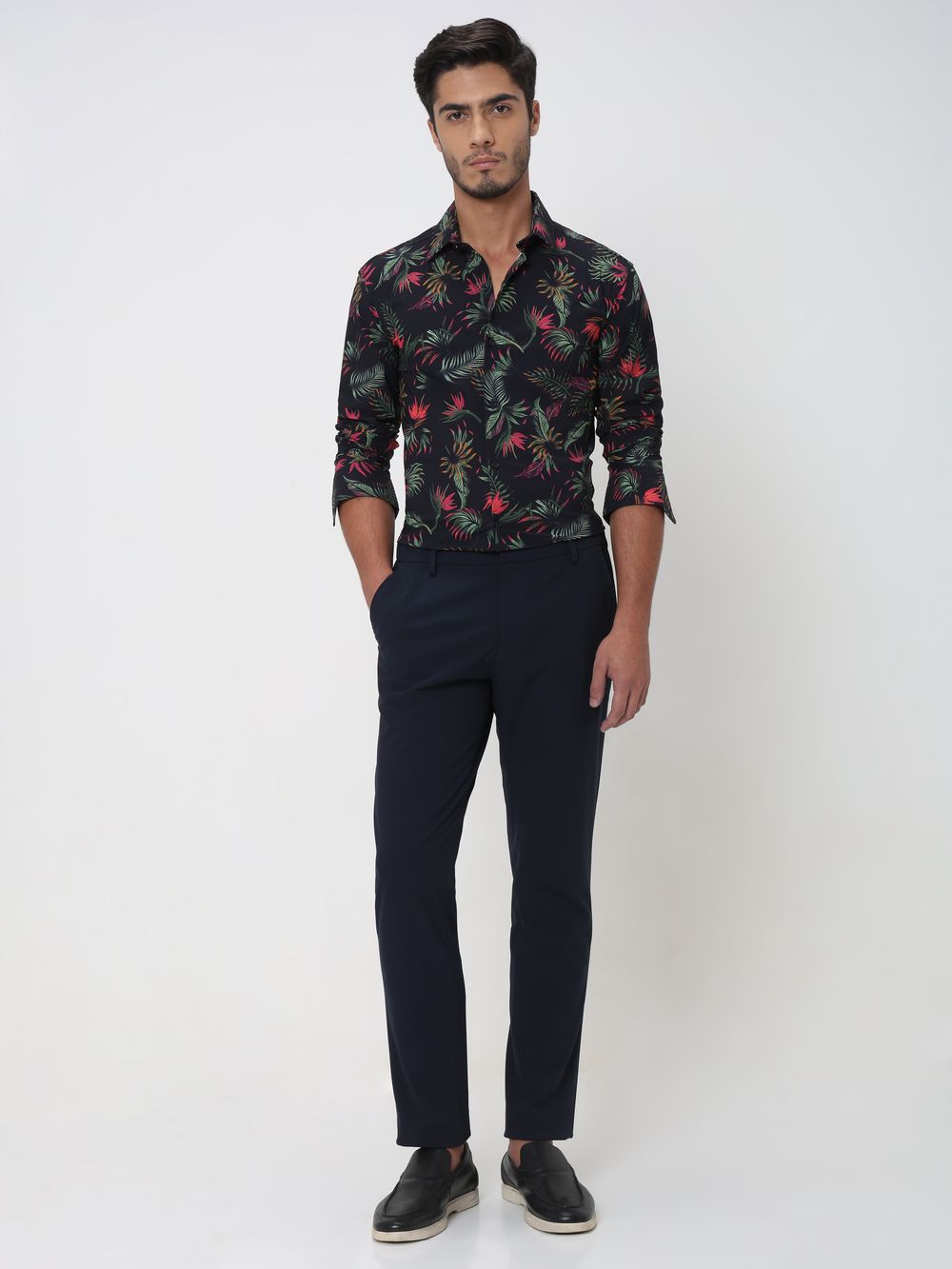 Navy Leaf Print Slim Fit Casual Shirt