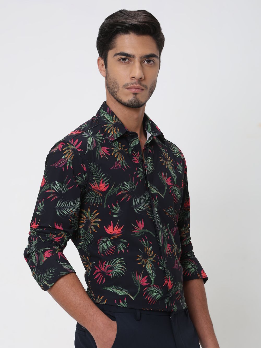 Navy Leaf Print Slim Fit Casual Shirt