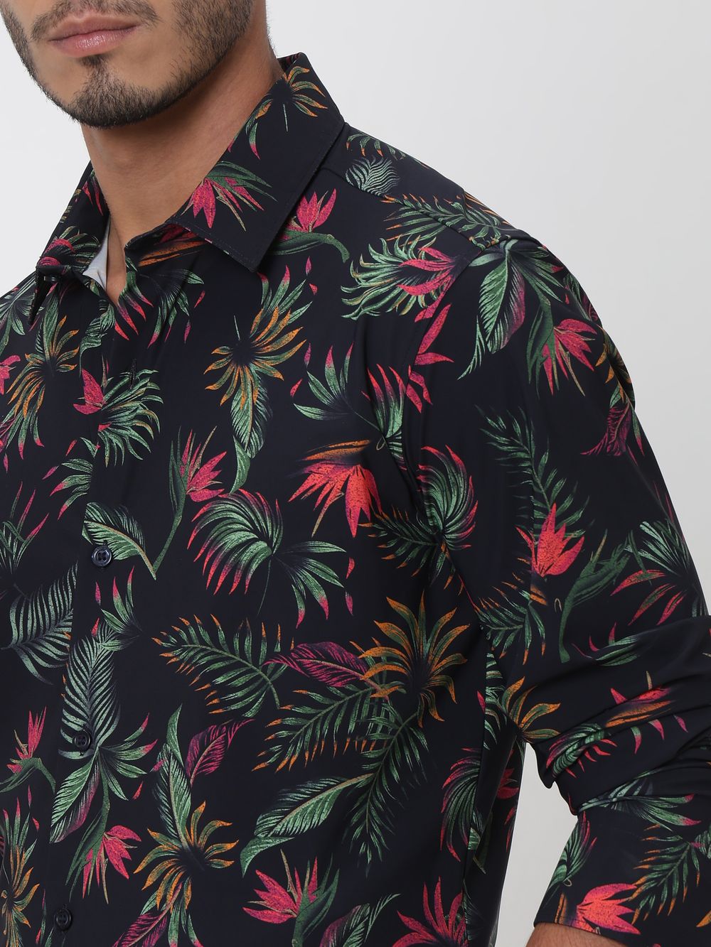 Navy Leaf Print Slim Fit Casual Shirt