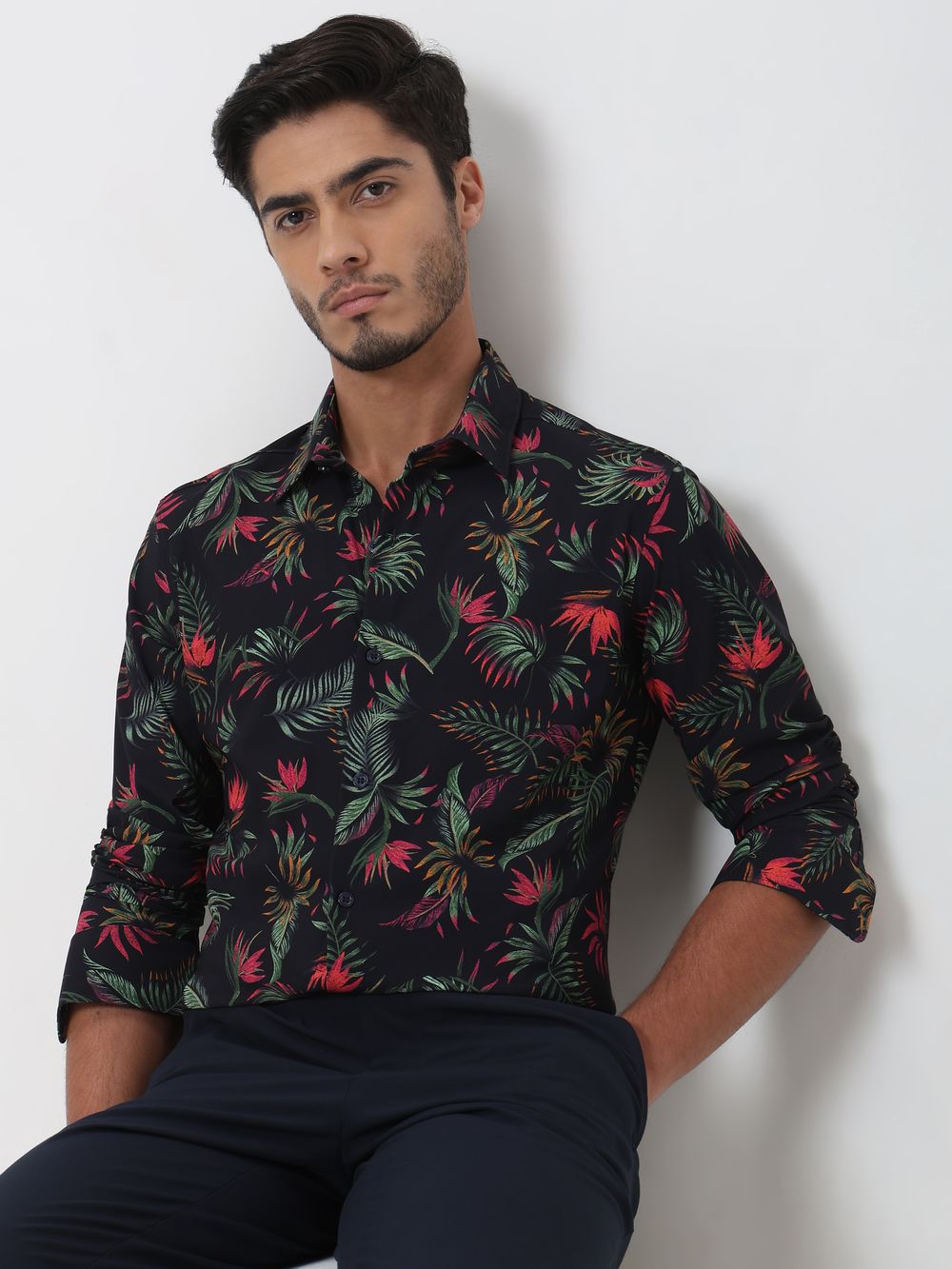 Navy Leaf Print Slim Fit Casual Shirt