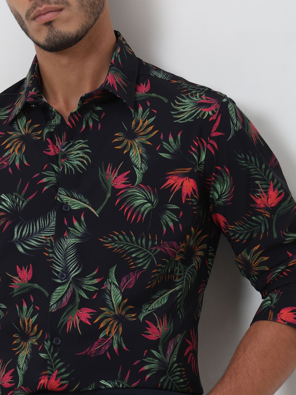 Navy Leaf Print Slim Fit Casual Shirt