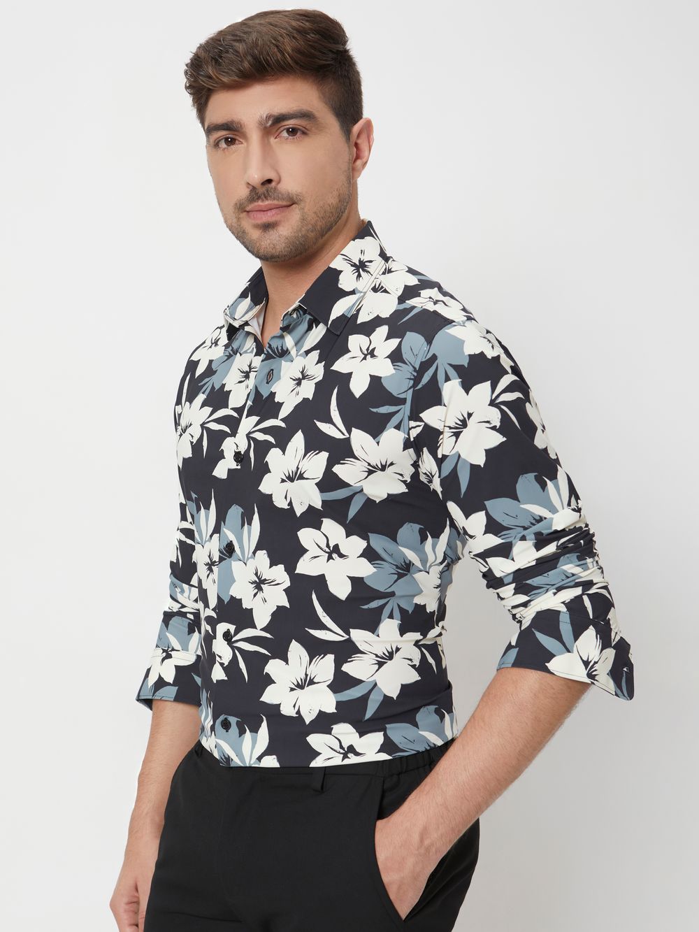 Black Floral Print Slim Fit Casual Shirt