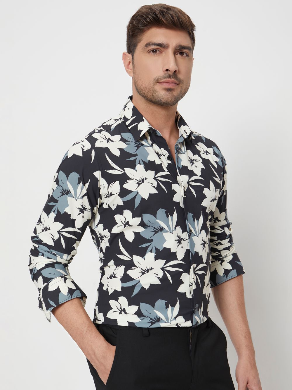 Black Floral Print Slim Fit Casual Shirt