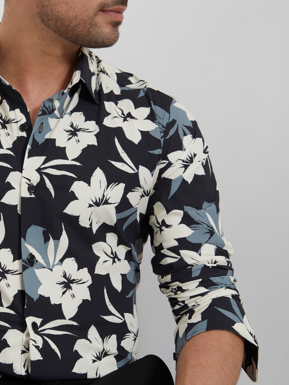 Black Floral Print Slim Fit Casual Shirt