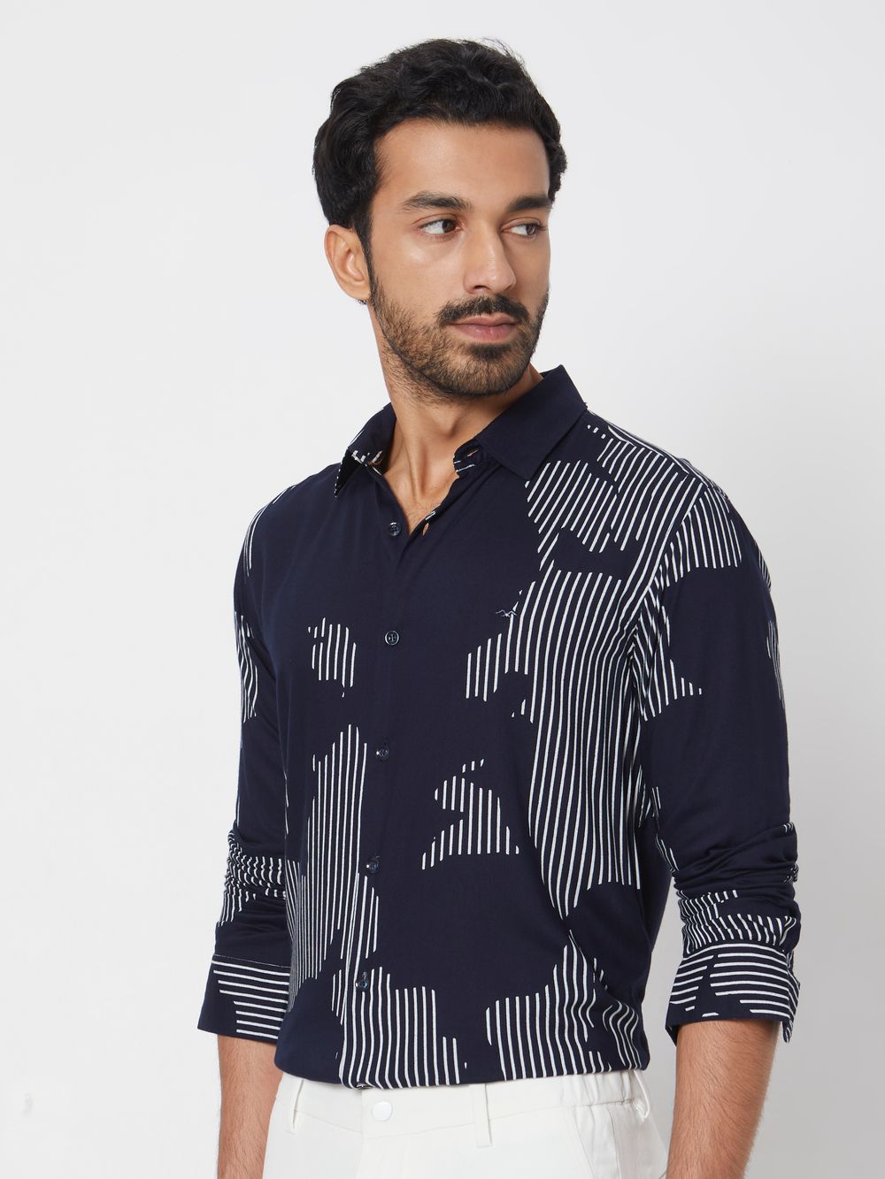 Navy Abstract Print Slim Fit Casual Shirt