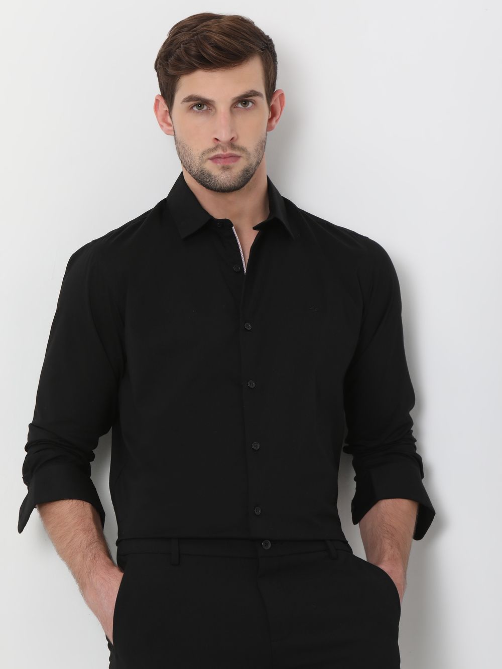 Black Stretch Plain Slim Fit Casual Shirt