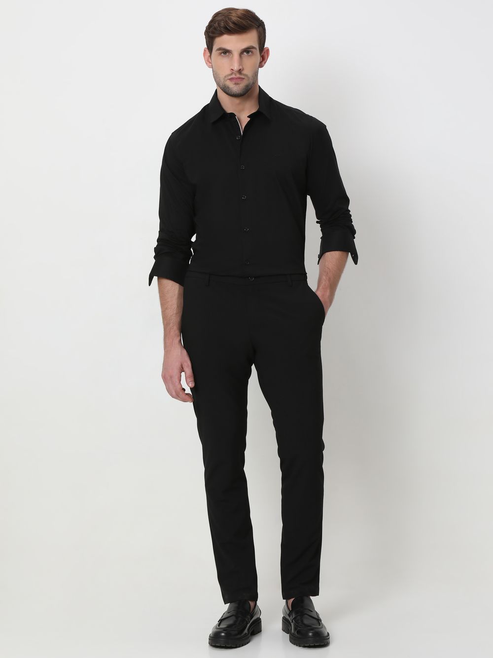 Black Stretch Plain Slim Fit Casual Shirt