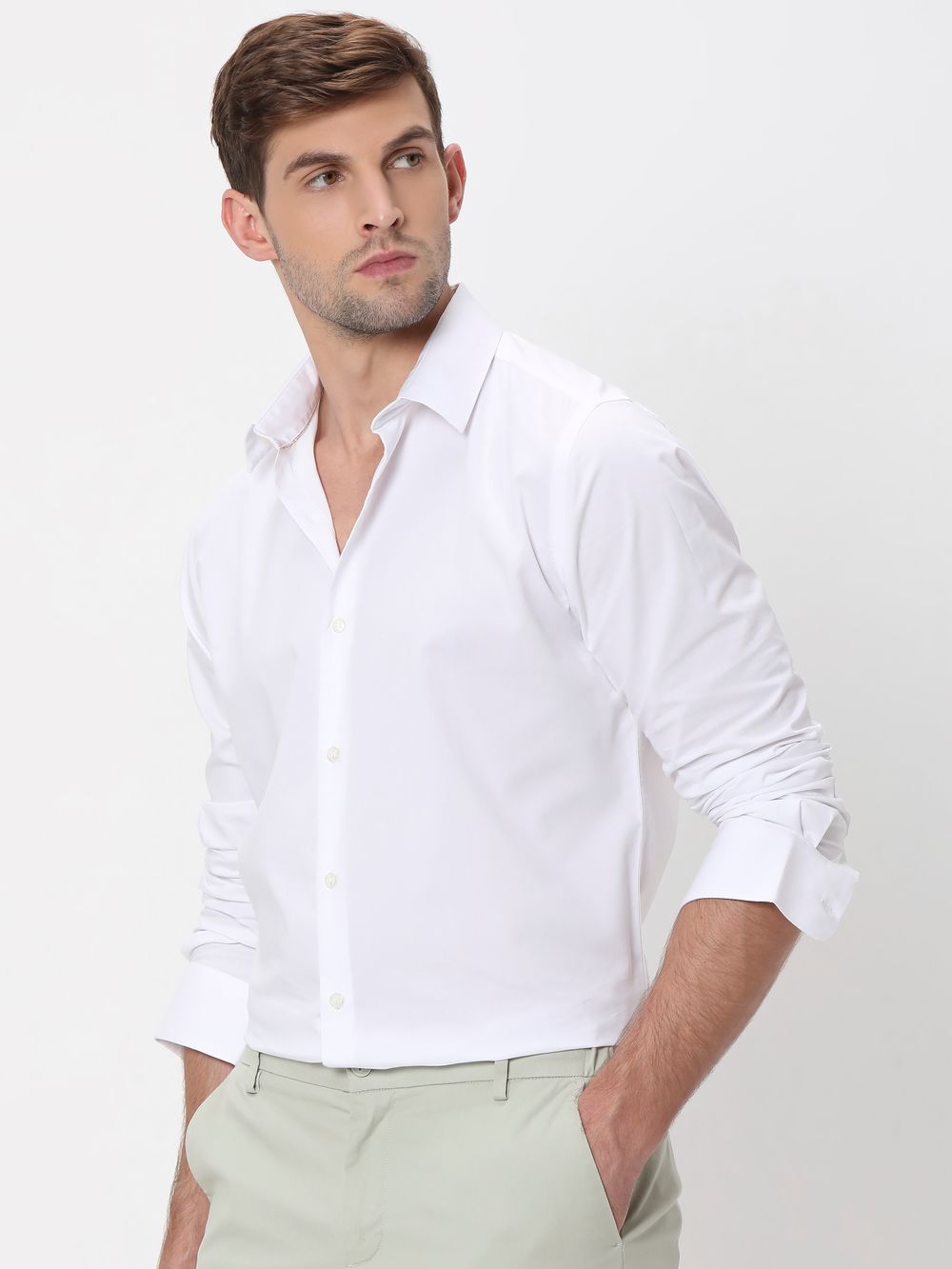 White Stretch Plain Slim Fit Casual Shirt