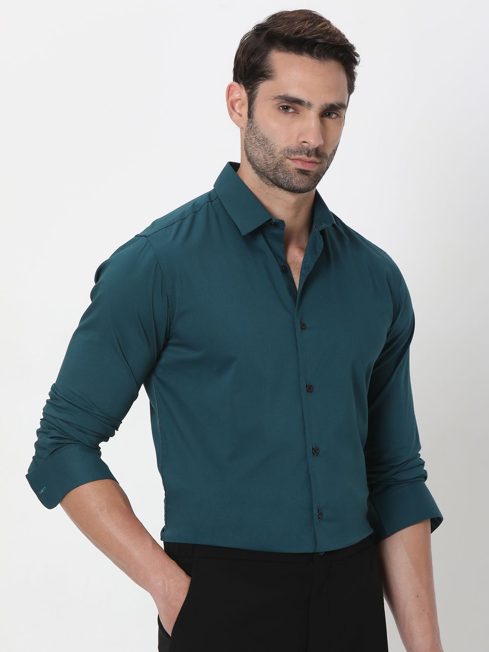 Green Stretch Plain Slim Fit Casual Shirt