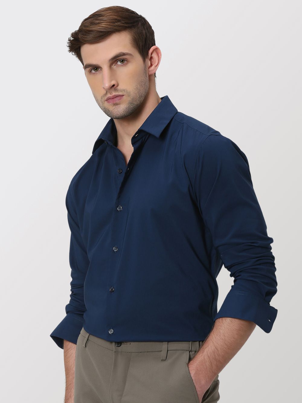 Navy Stretch Plain Slim Fit Casual Shirt