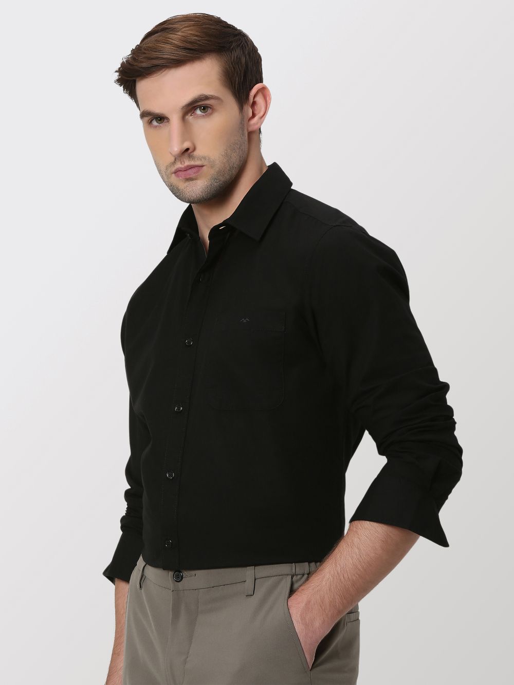 Black Cotton Linen Plain Slim Fit Casual Shirt