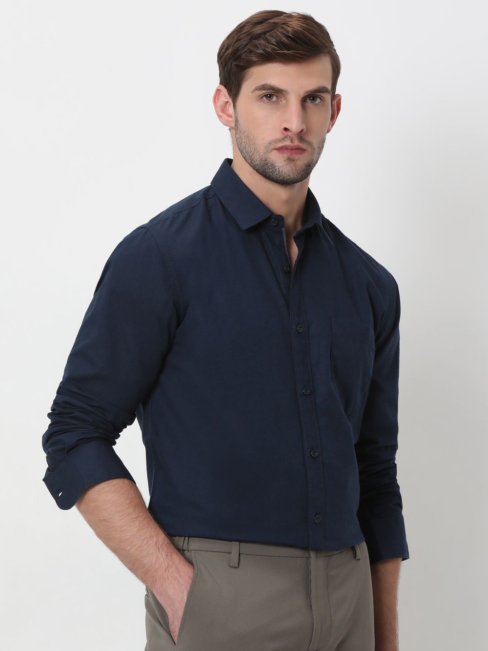 Navy Cotton Linen Plain Slim Fit Casual Shirt