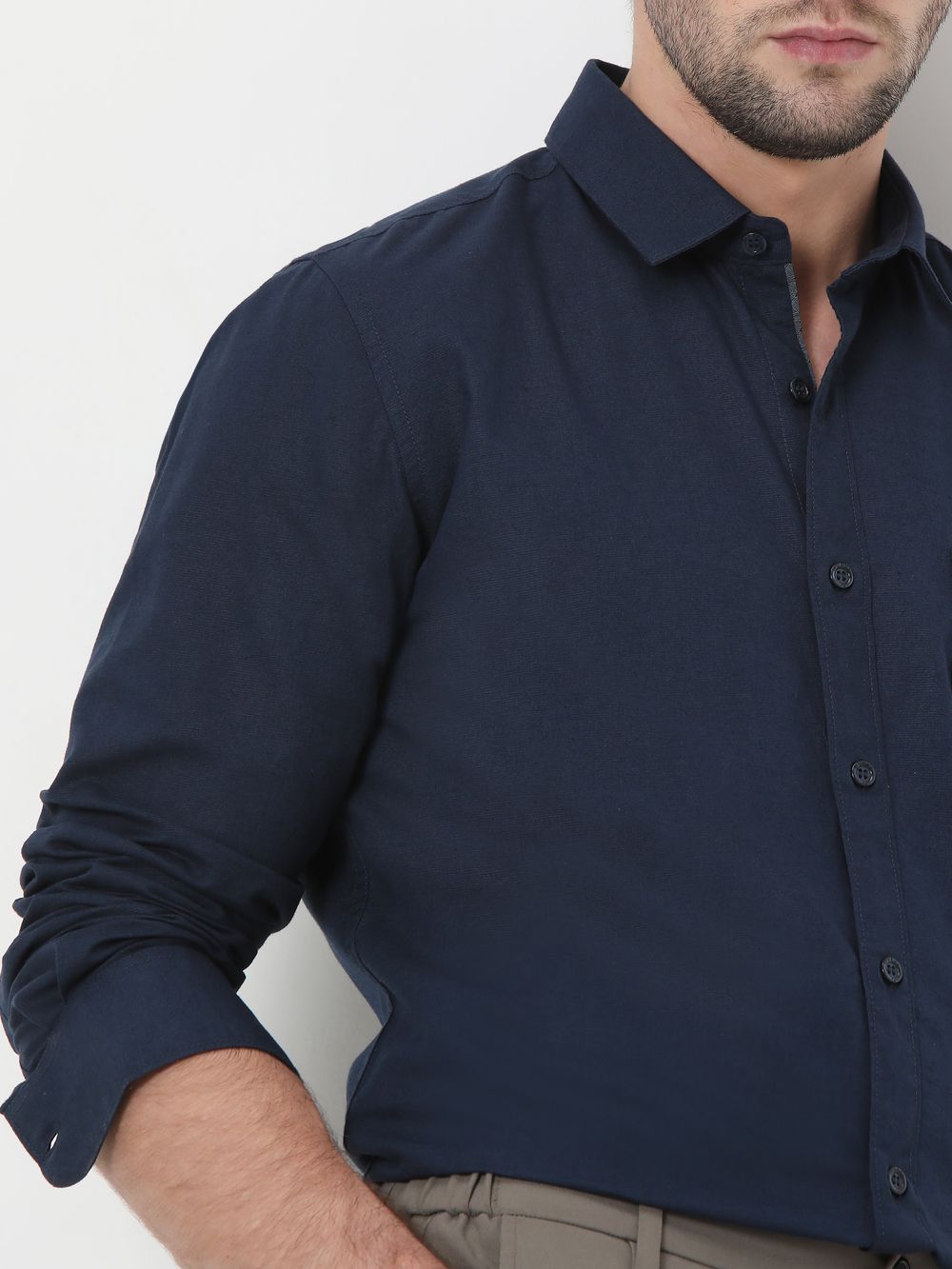 Navy Cotton Linen Plain Slim Fit Casual Shirt